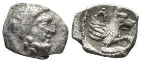 Lycaonia, Laranda AR Obol (7mm, 0,6 g) ca 324/3 BC. Obv. Head of Herakles to right. Rev. Forepart of a wolf right; Λ above.
