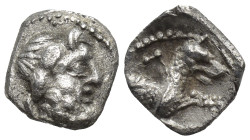 Lycaonia, Laranda AR Obol (8mm, 0,5 g) ca 324/3 BC. Obv. Head of Herakles to right. Rev. Forepart of a wolf right; Λ above.