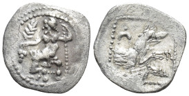 Lykaonia, Laranda AR Obol. Circa 324/3 BC. (12mm, 0,74 g) Baaltars seated left, holding grain ear, grape bunch, and sceptre Rev. Forepart of wolf righ...