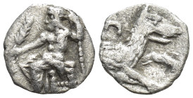 Lykaonia, Laranda AR Obol. Circa 324/3 BC. (9mm, 0,4 g) Baaltars seated left, holding grain ear, grape bunch, and sceptre Rev. Forepart of wolf right;...