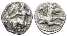 Lykaonia, Laranda AR Obol. Circa 324/3 BC. (9mm, 0,5 g) Baaltars seated left, holding grain ear, grape bunch, and sceptre Rev. Forepart of wolf right;...