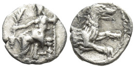 Lykaonia, Laranda AR Obol. Circa 324/3 BC. (9mm, 0,5 g) Baaltars seated left, holding grain ear, grape bunch, and sceptre Rev. Forepart of wolf right;...