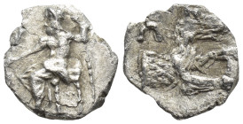 Lykaonia, Laranda AR Obol. Circa 324/3 BC. (9mm, 0,55 g) Baaltars seated left, holding grain ear, grape bunch, and sceptre Rev. Forepart of wolf right...