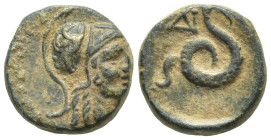 KINGS of PERGAMON. Philetairos. (200-133 BC) AE Bronze (11mm, 1.8 g) Obv: Helmeted head of Athena right. Rev: ΦΙΛΕΤΑΙΡΟΥ. Coiled snake, head standing ...