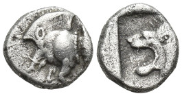 MYSIA, Kyzikos. 525-475 BC. AR Tetartemorion (1.1 Gr. 9mm.).
 Forepart of boar, tunny-fish behind 
Rev. Head of lion in shallow incuse square.