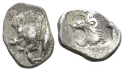 MYSIA, Kyzikos. Circa 450-400 BC. AR Hemiobol (7mm, 0.54 g). Forepart of boar left; to right, tunny upward / Head of roaring lion left within incuse s...