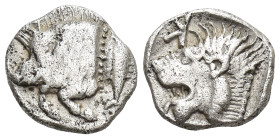 MYSIA, Kyzikos. Circa 450-400 BC. AR Obol (9mm, 0.7 g). Forepart of boar left; to right, tunny upward / Head of roaring lion left; retrograde K to upp...
