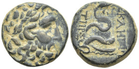 MYSIA. Pergamon. Ae (18mm, 6.7 g) (Early-mid 2nd century BC). Obv: Laureate head of Asklepios right. Rev: ΑΣΚΛΕΠΙΟΥ / ΣΩΤΗΡΟΣ. Serpent coiled right ar...