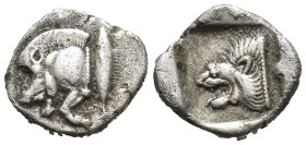 Mysia, Cyzicus, AR obol 5th century BC. (10mm. 1.1 g) Forepart of boar left, tunny upward behind. Rev. Head of roaring lion left within square incuse.