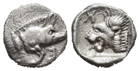 Mysia, Kyzikos AR Obol. Circa 450-400 BC. (6mm. 0.3 g) Forepart of boar to right, tunny upward to right Rev. Head of roaring lion to left; retrograde ...