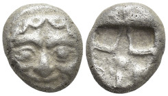 Mysia, Parion AR Drachm. (11mm, 3.1 g) 5th century BC. Facing gorgoneion, with mouth open and tongue protruding / Rough square incuse.