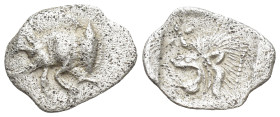 Mysia. Kyzikos circa 525-475 BC. Hemiobol AR (8mm, 0,3 g) Forepart of boar to left; tunny fish upwards behind / Head of roaring lion to left; star to ...