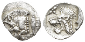 Mysia. Kyzikos circa 525-475 BC. Hemiobol AR (8mm, 0,3 g) Forepart of boar to left; tunny fish upwards behind / Head of roaring lion to left; star to ...