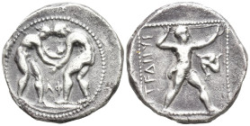 Pamphylia, Aspendos AR Stater. (21mm, 10.3 g) Circa 380/75-330/25 BC. Two wrestlers grappling; ΛΦ between / Slinger in throwing stance right; triskele...