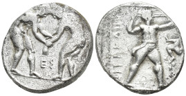 Pamphylia, Aspendos. Ca. 380/75-330/25 B.C. AR stater (20mm, 10.6 g). Two wrestlers grappling; between, EΣ / EΣTFEΔI[IYΣ], slinger in throwing stance ...