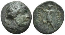 Pamphylia. Perge circa 200-0 BC. Bronze Æ (17mm., 4,0 g). Wreathed head of Artemis right / AΡTEMIΔOΣ ΠEΡΓAIAΣ, Artemis standing left, stag at feet....