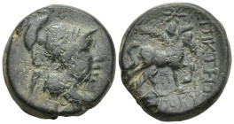 PHRYGIA. Epikteteis.(2nd-1st centuries BC).AE. (6.4 Gr. 17mm.)
 Helmeted and draped bust Athena right. 
 Rev. Horse prancing right; monogram to left; ...
