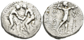 PISIDIA, Selge. Circa 325-250 BC. AR Stater (22mm, 9.6 g). Two wrestlers grappling; K between / Slinger standing right; to right, triskeles above club...