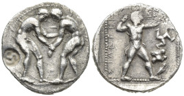 PISIDIA, Selge. Circa 400-325 BC. AR Stater (21mm, 10.6 g). Two wrestlers grappling / Slinger in throwing stance right; [E]ΣTΛEΓEYΣ to left; to right,...
