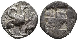 IONIA, Teos. Circa 450-425 BC. AR Trihemiobol (11mm, 1.3 g). Reduced standard. Griffin seated right, forepaw raised; griffin’s head to right / Quadrip...