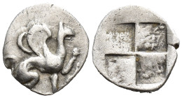 IONIA, Teos. Circa 450-425 BC. AR Trihemiobol (12mm, 1.3 g). Reduced standard. Griffin seated right, forepaw raised; griffin’s head to right / Quadrip...