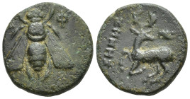 IONIA. Ephesos.(Circa 390-320/00 BC).Uncertain magistrate.Ae. (14mm, 2.1 g) Obv : Ε - Φ. Bee. Rev : Stag kneeling left, head right; astragalos above....
