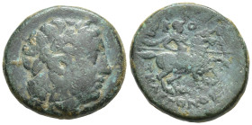 IONIA. Kolophon. Ae (17mm, 4.9 g) (Circa 330-285 BC). Obv: Laureate head of Apollo right. Rev: KOΛ Soldier on horse riding right, holding spear; lyre ...