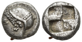 IONIA. Phokaia. (Circa 521-478 BC). AR Obol. (8mm, 1.2 g) Obv: Archaic female head left, wearing earring and helmet or close fitting cap.. Rev: Quadri...