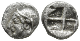 IONIA. Phokaia. (Circa 521-478 BC). AR Obol. (9mm, 1.1 g) Obv: Archaic female head left, wearing earring and helmet or close fitting cap.. Rev: Quadri...