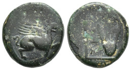 IONIA. Teos. (Circa 210-190 BC). AE Bronze (11mm 1.8 g) Obv: Griffin seated to right, raising forepaw Rev: Lyre; THIΩN to right, horse's hoof to left;...
