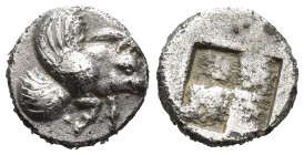 Ionia, Klazomenai. AR Diobol. (9mm, 1.0 g). Circa 480-400 BC. Obv: Forepart of winged boar right. Rev: Quadripartite incuse square.