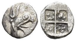 Ionia, Teos AR Tetartemorion. (6mm, 0.21 g) Circa 478-449 BC. Head of griffin to right / Quadripartite incuse square