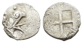 Ionia, Teos. Ca. A.D. 500-475 B.C. AR tetartemorion (6mm, 0.18 g). Head of gryphon right / Quadripartite incuse square