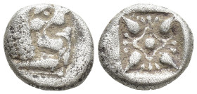 Ionia. Miletos circa 525-475 BC. Diobol AR (8mm, 1.0 g) Forepart of lion to left, his head turned back to right / Star-shaped floral ornament within i...