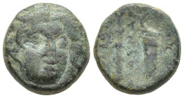CARIA. Kos. Ae (10mm, 2.0 g) (Circa 210-180 BC). Uncertain magistrate. Obv: Head of Helios, facing slightly right. Rev: Club and quiver.