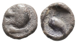 CARIA. Mylasa. (Circa 420-390 BC). AR Tetartemorion. (5mm, 0.22 g) Obv: Head of roaring lion left. Rev: Bird standing left; pellet to upper right and ...