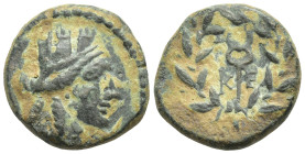 Caria. Keramos circa 200-0 BC. Also attributed to Keraitai of Pisidia Bronze Æ (14mm., 2,8 g). Turreted head of Tyche right / K-E, kerykeion within la...