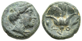 Islands off Caria, Rhodos. Rhodes. 350-300 B.C. AE (10mm, 1.5 g). Nymph Rhodos, diademed head right, hair rolled / Rose with bud on right