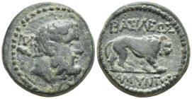 Kings of Galatia, Amyntas, AE,(8.9 Gr. 21mm.), 36-25 BC.
Bearded and bare head of Herakles right, with club over shoulder.
 Rev: BAΣIΛEΩΣ / AMYNTOY, L...