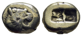 Kings of Lydia. Time of Alyattes - Kroisos EL Trite. (13mm, 3.6 g) Sardes, circa 610-546 BC. Head of roaring lion right, sun with five rays on forehea...