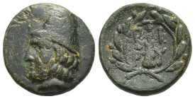 Troas, Birytis. AE, (11mm. 1.1 g) 4th-3rd centuries BC. Obv: Head of Kabeiros left, wearing pilos. Rev: BI PY, Club within wreath.