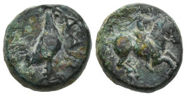 Troas, Dardanos. Ae, (9mm. 1,5 g) 3rd century BC. Obv:Horseman, wearing petasos and chlamys, riding to right; monogram below horse Rev: Cock standing ...