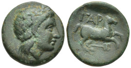 Troas, Gargara, Ae, (15mm, 3.7 g). Circa 4th century BC. Obv: Laureate head of Apollo right Rev: ΓΑΡ, horse running right, kerykeion below.