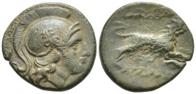 Thracian Kingdom. Lysimachos. As King, 306-281 B.C. AE (18mm, 4.3 g). Head of Athena wearing crested Corinthian-style helmet right / ΒΑΣΙΛΕΩΣ / ΛΥΣΙΜΑ...