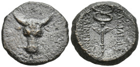 KINGS OF PAPHLAGONIA. Pylaimenes II/III Euergetes, circa 133-103 BC. AE (4 Gr. 17mm.). 
Facing head of a bull. 
Rev. Winged kerykeion.