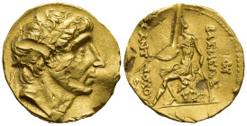 Seleukid Empire, Antiochos I Soter AV Stater. (19mm, 8.57 g) circa 266-261 BC. Diademed head to right, with elderly features / Apollo Delphios seated ...