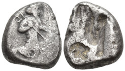 Achaemenid Persia. AR siglos (15mm, 5.4 g), c. 485 BC. Obv. Great King running right, holding transverse spear in right hand and bow in left. Rev. Irr...
