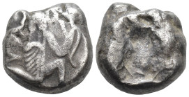 Kings of Persia (Achaemenids). AR Siglos (13mm, 5.3 g), c. 450-400 BC. Obv. The Great King, bearded, in "Knielauf" to right, holding bow and dagger. R...