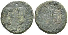 IONIA, Smyrna. Augustus, with Tiberius. 27 BC-AD 14. Æ (19mm, 5.2 g). Koronos, magistrate. Struck circa AD 4-14. Confronted, bare heads of Augustus an...