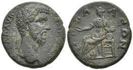 LYDIA, Tabala. Lucius Verus. AD 161-169. Æ (21mm, 6.5 g). Laureate head right / Cybele seated left, holding patera, resting elbow on tympanum; lion at...